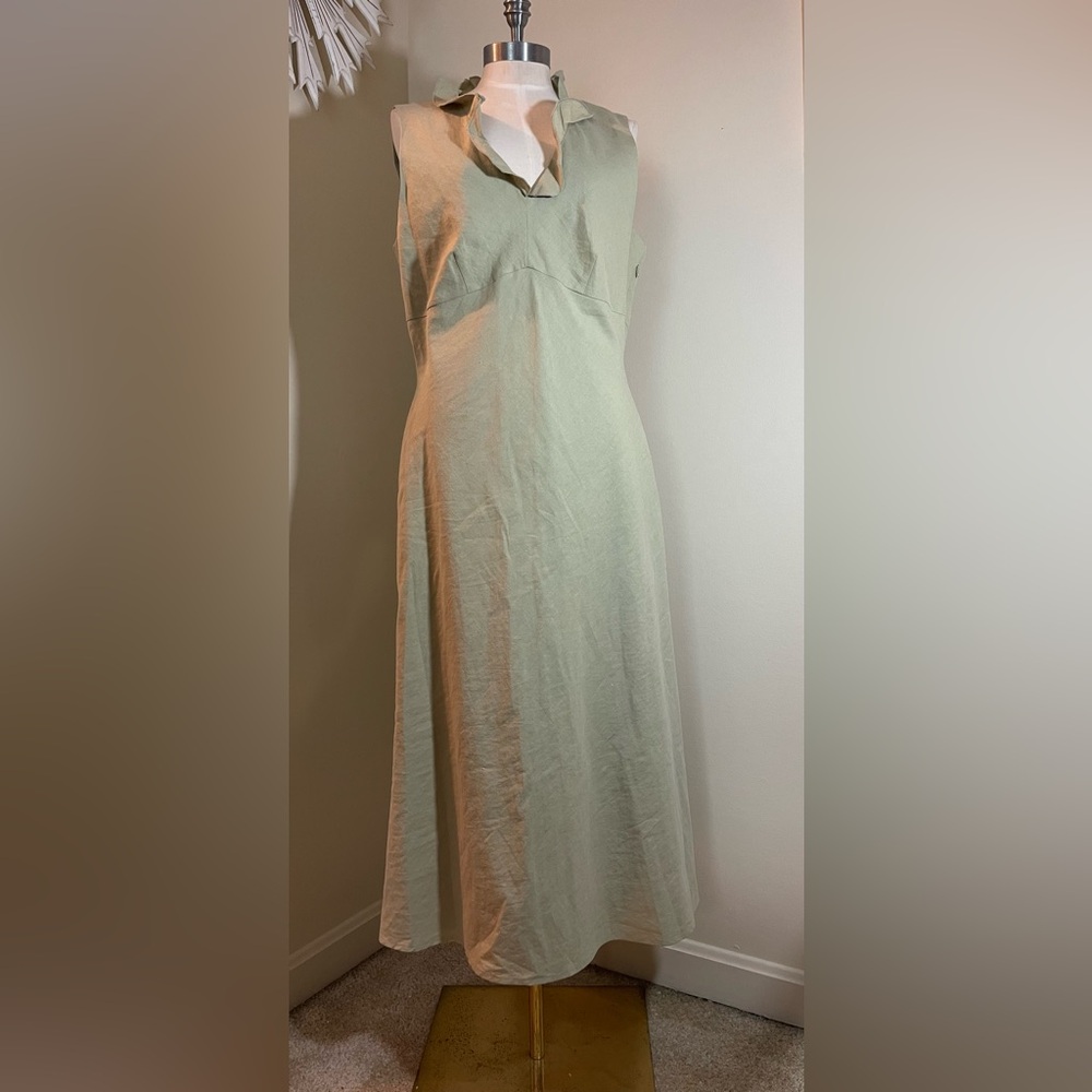 Fusion Sage Green Sleeveless Midi Silk Linen Sundress 14